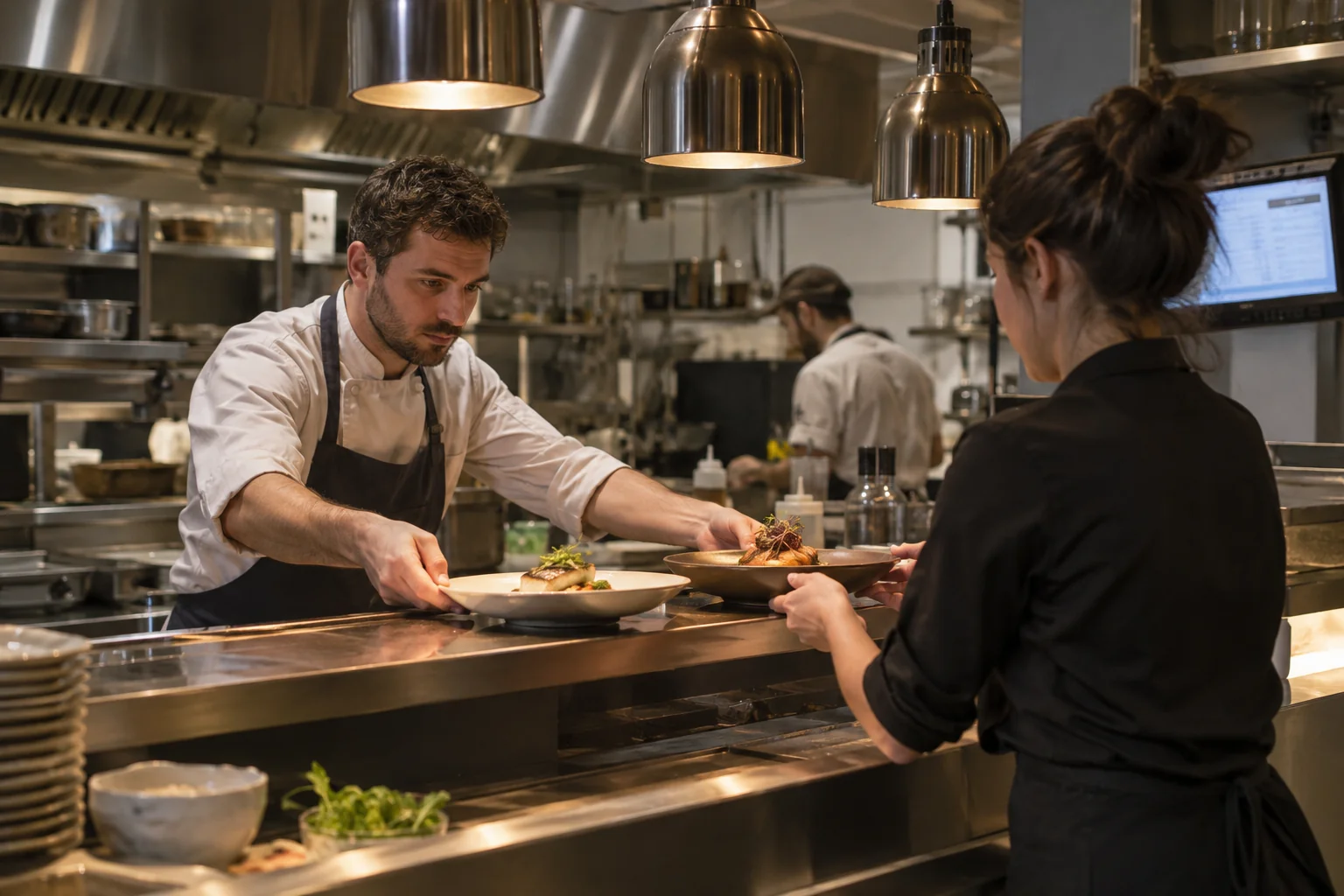 Cocinero y camarera coordinando la salida de los platos en el pase de cocina