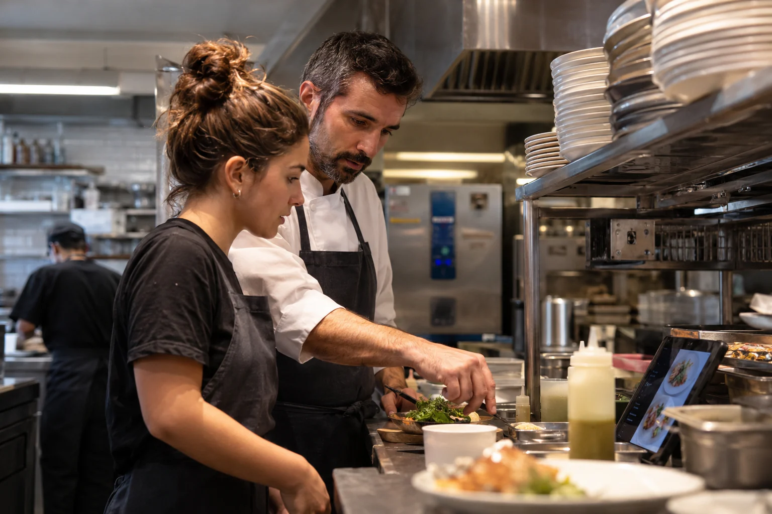 Cocinero explicando el emplatado a una compañera junto a una tableta con fotografías de platos